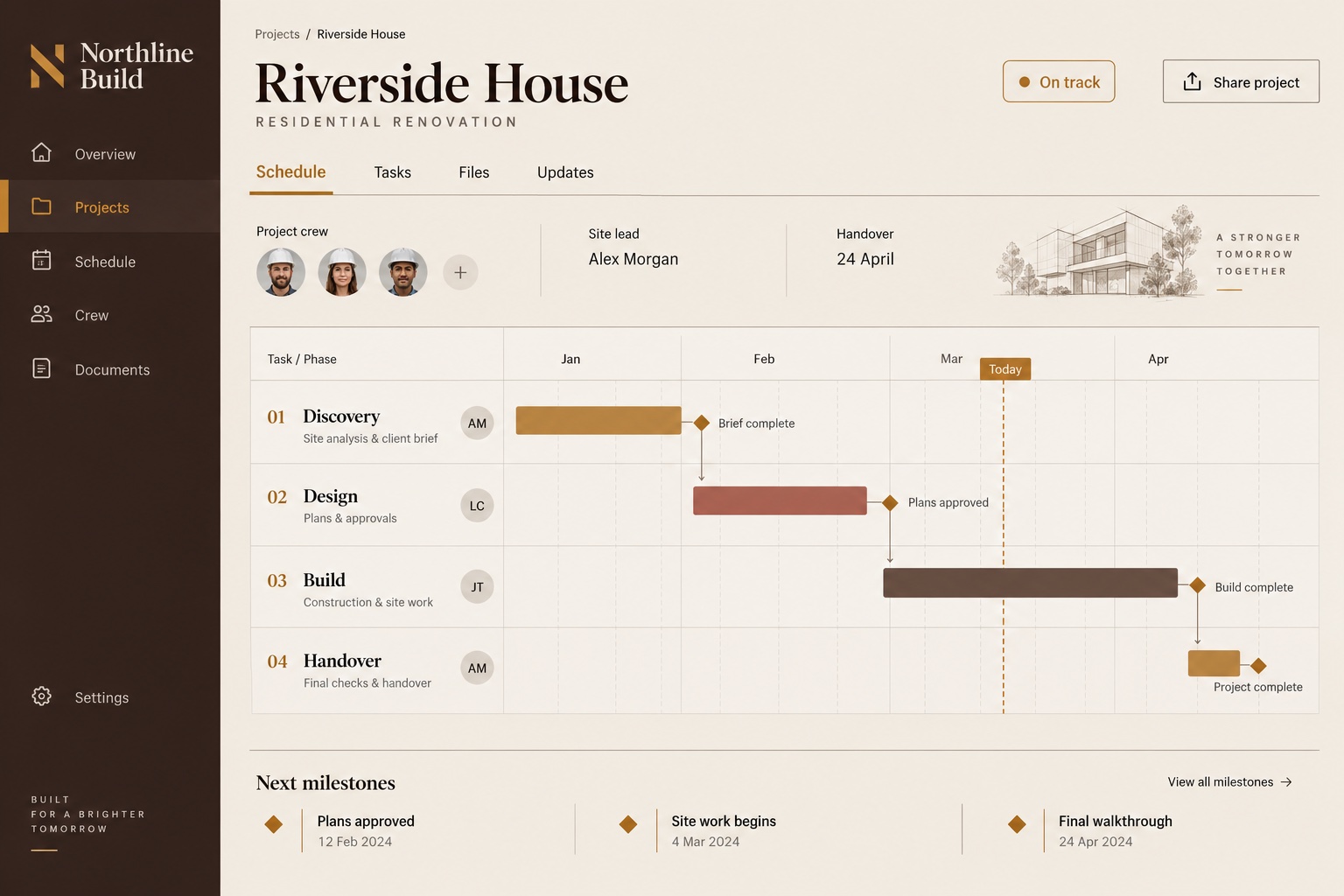 Illustrative Northline Build project management software showing a schedule and crew assignments